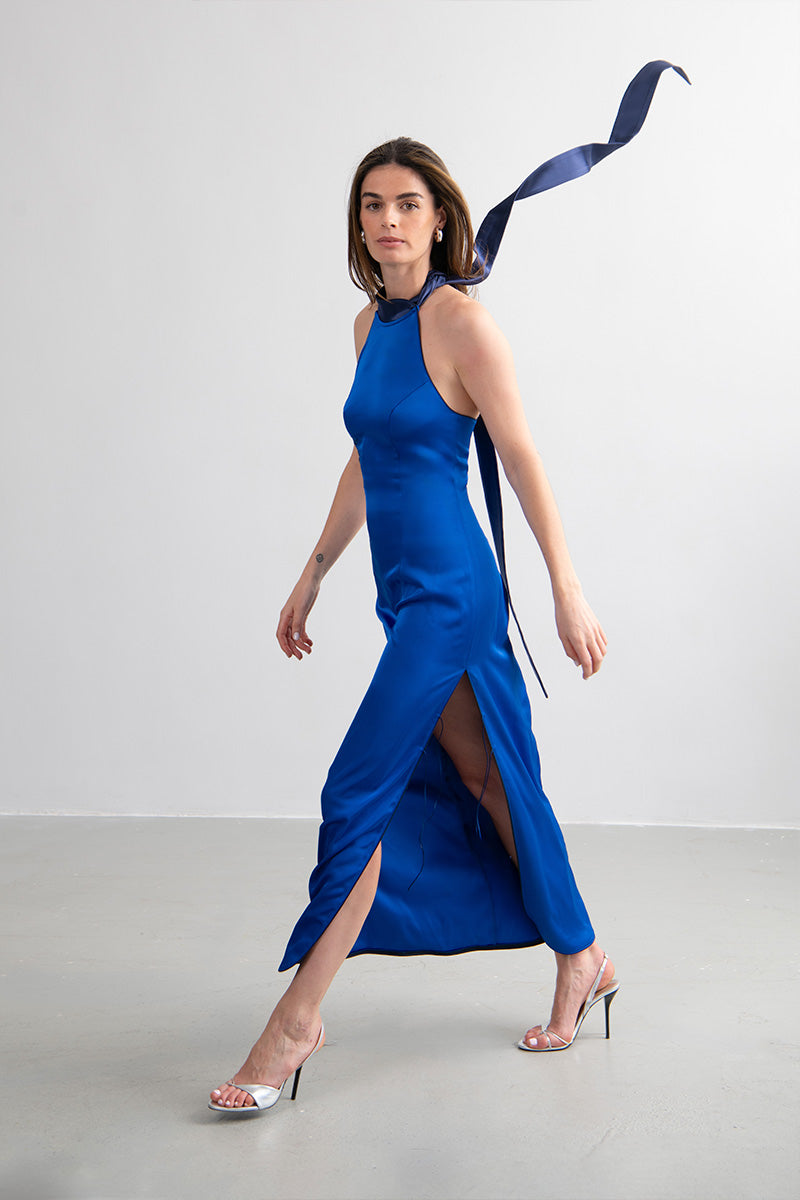 Gao Blue Satin Knot Dress